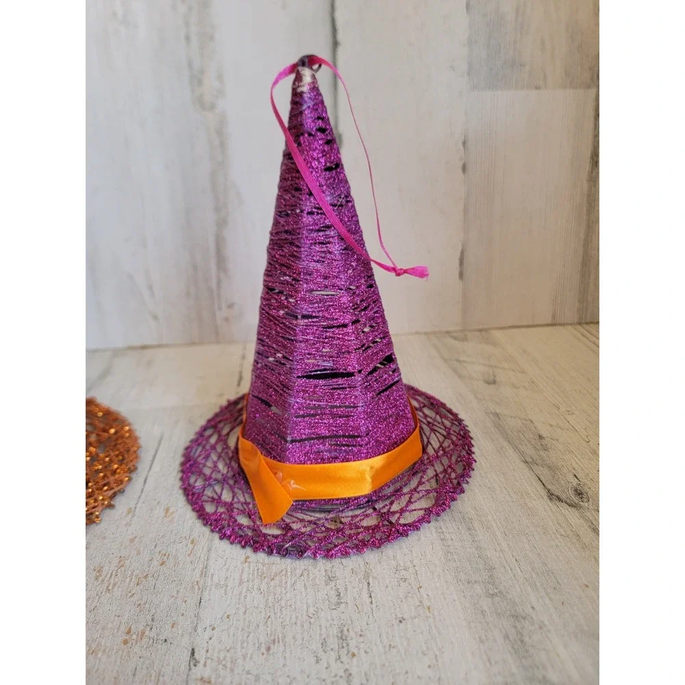 Vintage large Halloween witch hat glitter orange purple ornament set star unique